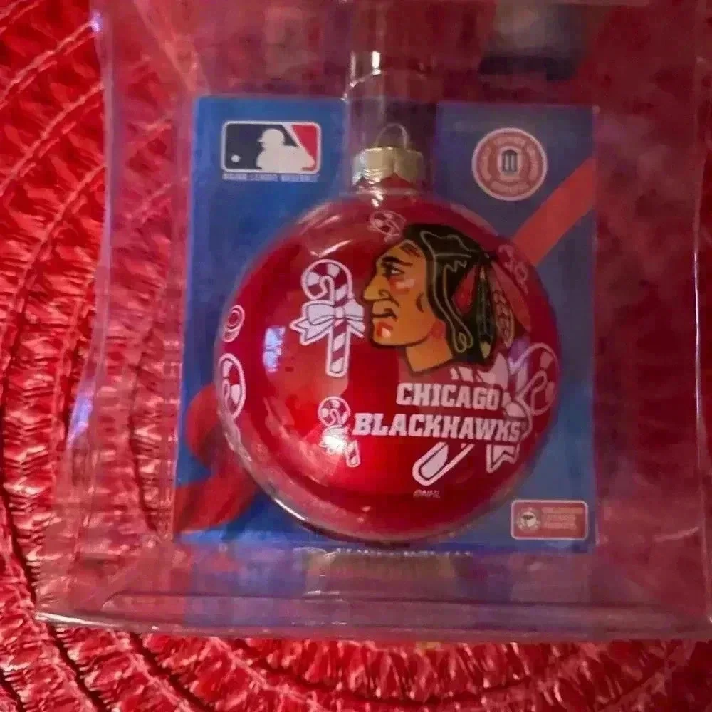 Chicago Blackhawk glass holiday ornament never opened . Sports Collectors Series
